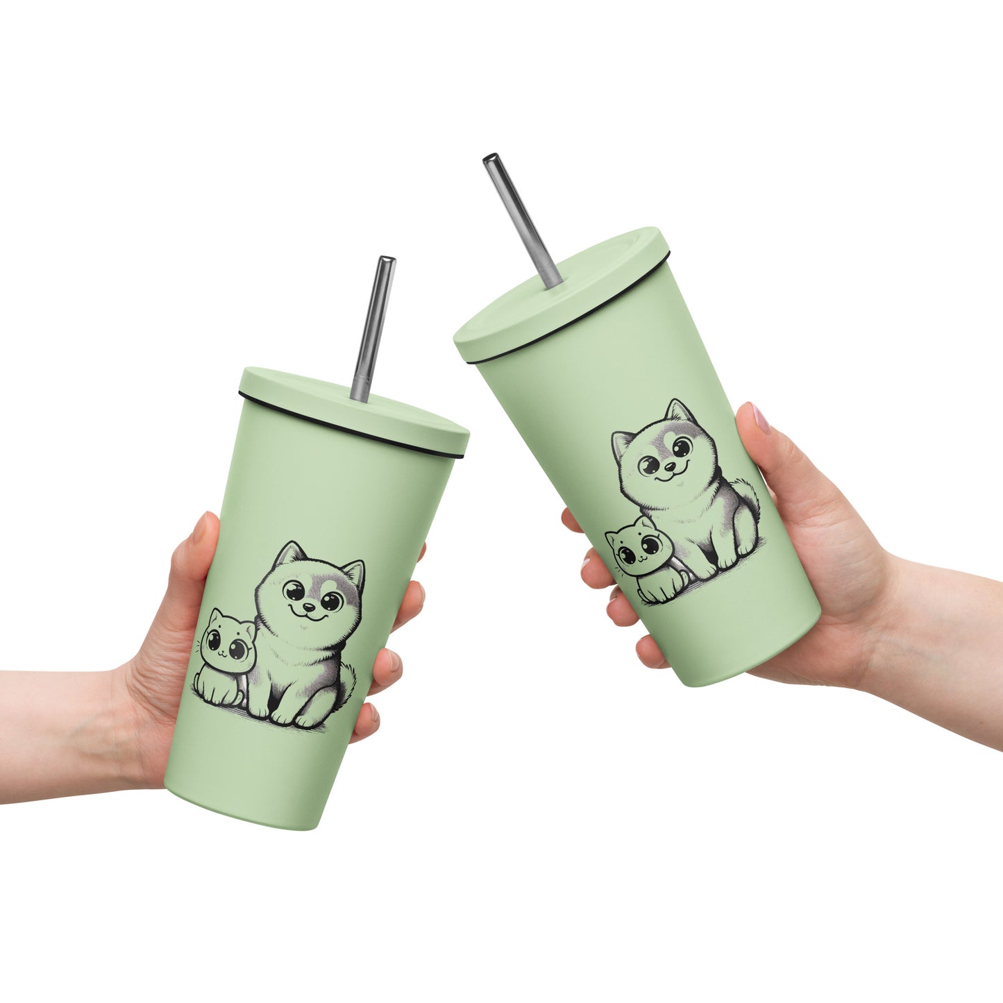 Cute Shiba and Cat - Insulated tumbler with a straw 20 oz.