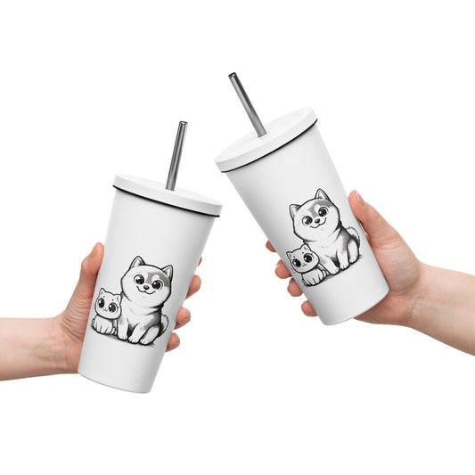 Cute Shiba and Cat - Insulated tumbler with a straw 20 oz.